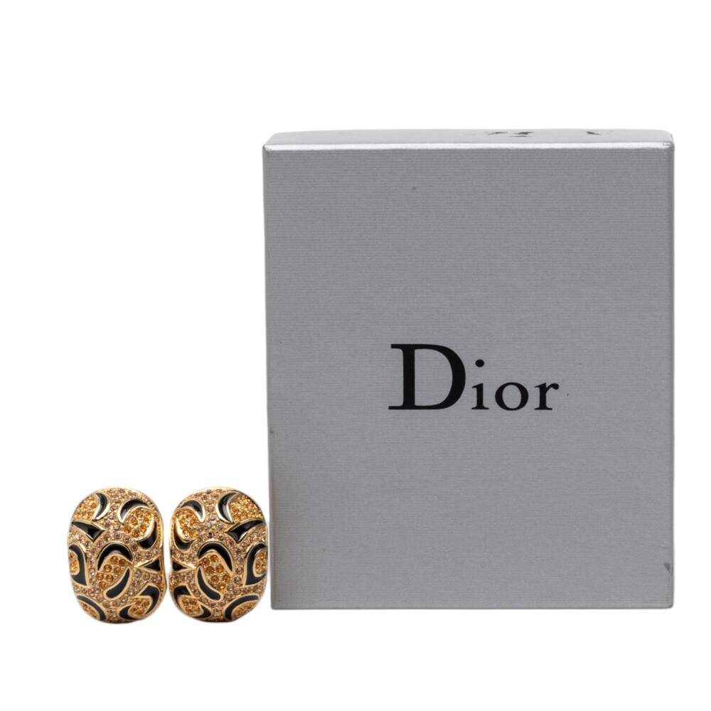 Pre-Loved Dior Gold Plated Strass Enamel Oval Clip On Earrings - Picture 5 of 5